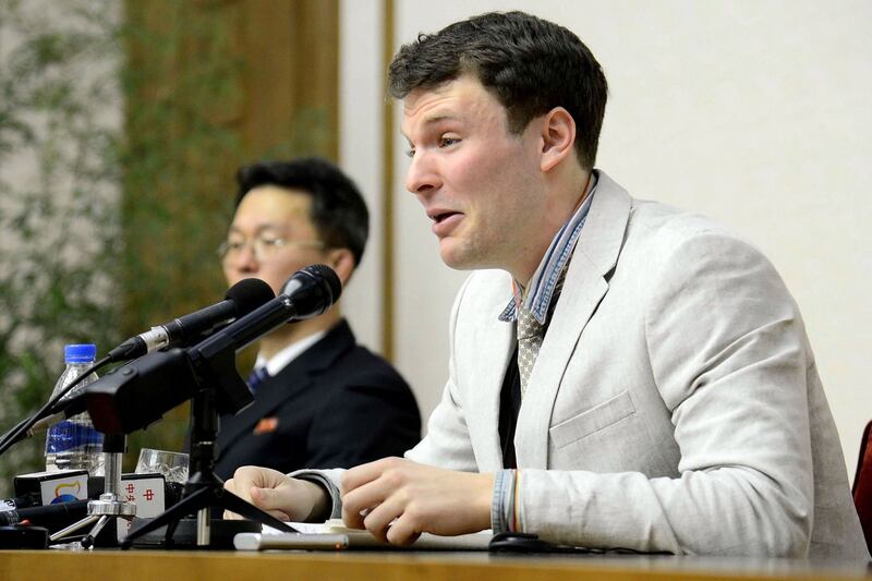 US student Otto Frederick Warmbier speaks at a press conference in Pyongyang, North Korea on March 1st, 2016. Trump appeared to side with Kim about the case of Otto Warmbier, who was tortured while in prison in North Korea and died six days after his return to the US in 2017. File photograph: KCNA via KNS/KCNA/AFP/Getty