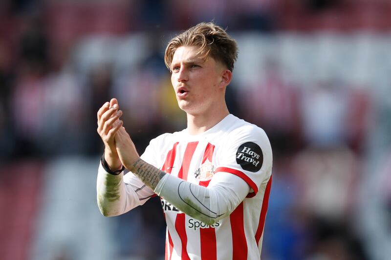 Sunderland's Dennis Cirkin applauds fans at the Stadium of Light. Photograph: Will Matthews/PA
