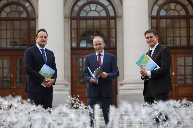Green commitments: Leo Varadkar, the Tánaiste and Minister for Enterprise, Trade and Employment,;Taoiseach Michéal Martin; and Eamon Ryan, Minister for the Environment, Climate and Communications and Transport, launching Climate Action Plan 2021, which aims to cut emissions, create green jobs, protect people and the planet