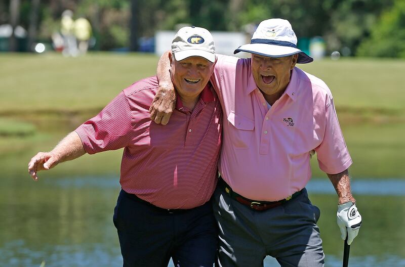 Jack Nicklaus and Arnold Palmer during the Greats of Golf exhibition at the Insperity Championship at Woodlands Country Club in Woodlands, Texas. Photograph: Scott Halleran/Getty Images 