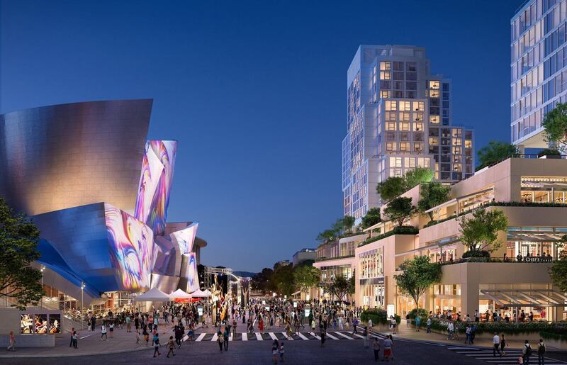 A rendering of the Grand in Downtown Los Angeles, with Frank Gehry’s new residential tower and hotel, right, including a retail plaza and restaurant. Photograph: Red Leaf, via Related/CORE and Gehry Partners, LLP