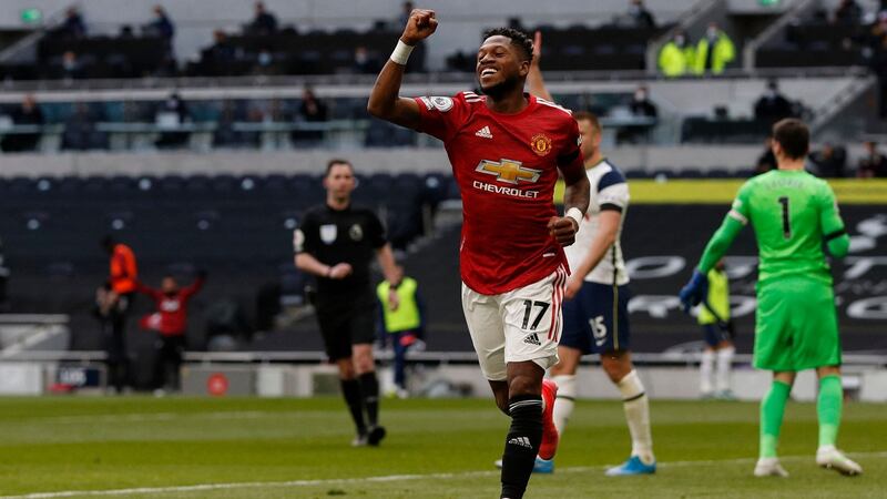 Manchester United’s Brazilian midfielder Fred celebrates his goal the Tottenham Hotspur Stadium. Photograph: Getty Images