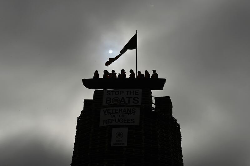 A bonfire at Moygashel, Co Tyrone, featuring a depiction of a boat carrying migrants, before it was set alight this week. Photograph: Charles McQuillan/Getty 