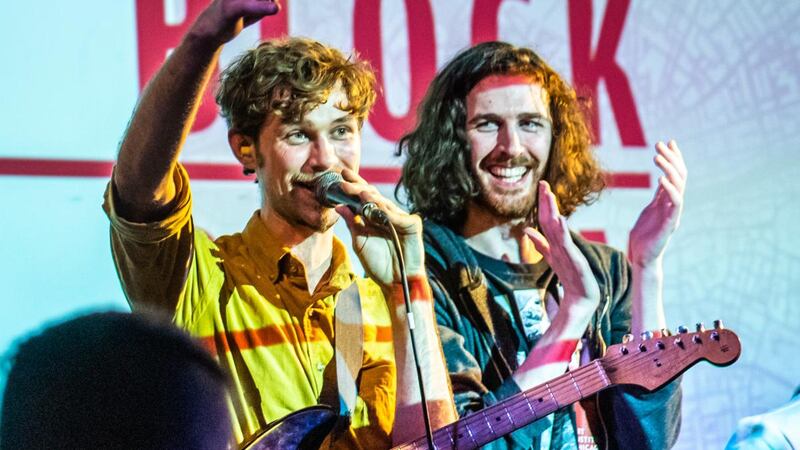 Max Zaska onstage with Hozier at GoldenPlec’s Block Party Jam in the Sugar Club, Dublin in December. Photograph: Glen Bollard