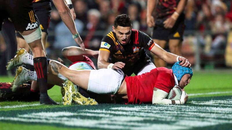 Jack Nowell scores the Lions’ first try. Photograph: Billy Stickland/Inpho