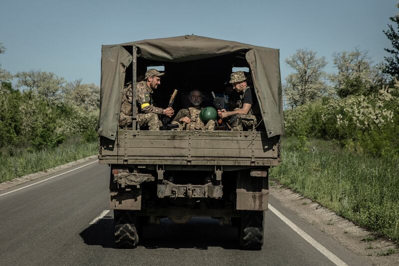 Ukrainian soldiers ride in a truck near the town of Siversk in Ukraine’s eastern Donetsk region on June 2nd. 