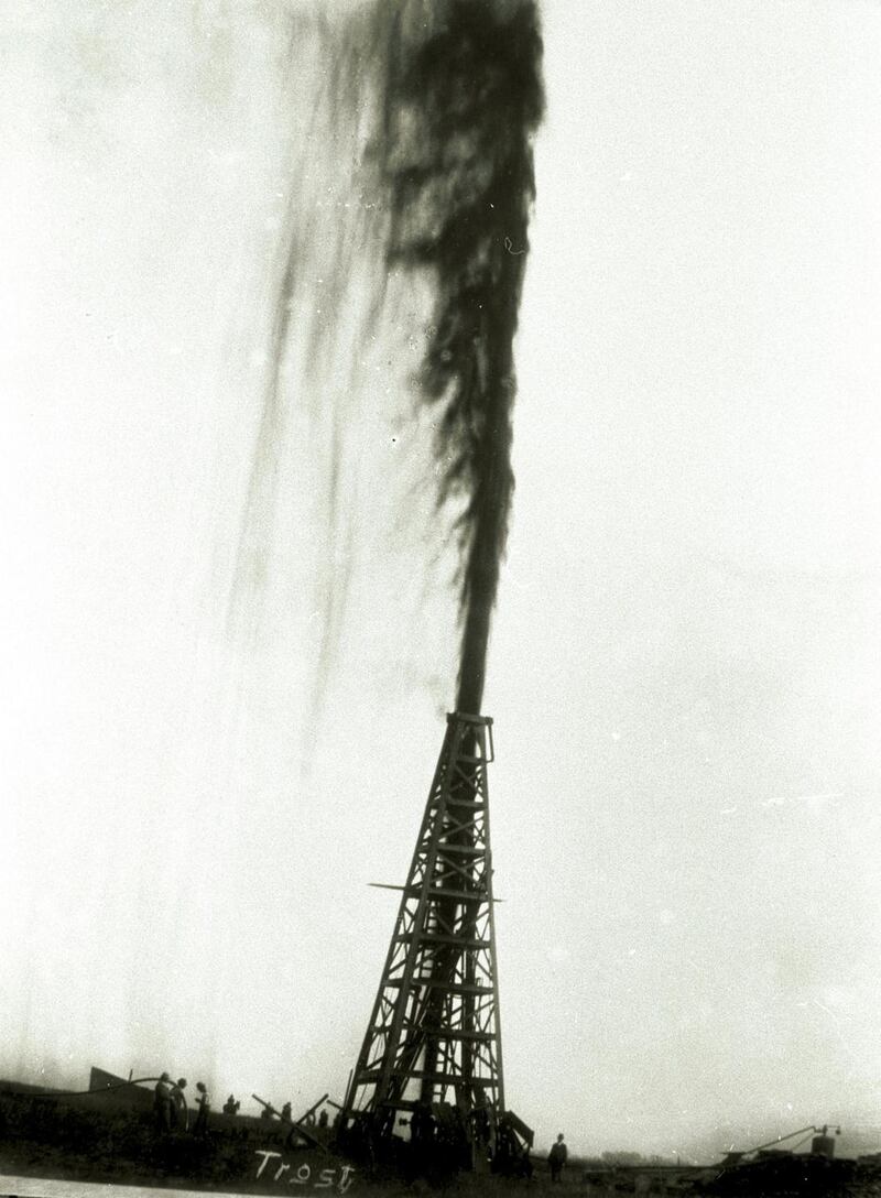 The Lucas Gusher blows out oil January 1901, on Spindletop hill in Beaumont, Texas. Anthony Lucas’s gusher, the first in Texas, first blew on this day and sprayed more than 100ft above the derrick for nine days until the well was capped. Photograph: Texas Energy Museum/Newsmakers