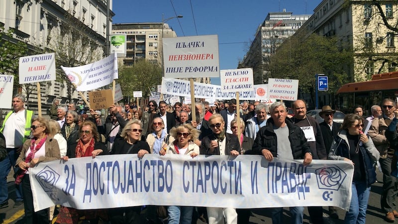 Serbian pensioners march through Belgrade this week to protest against cutbacks. Photograph: Daniel McLaughlin