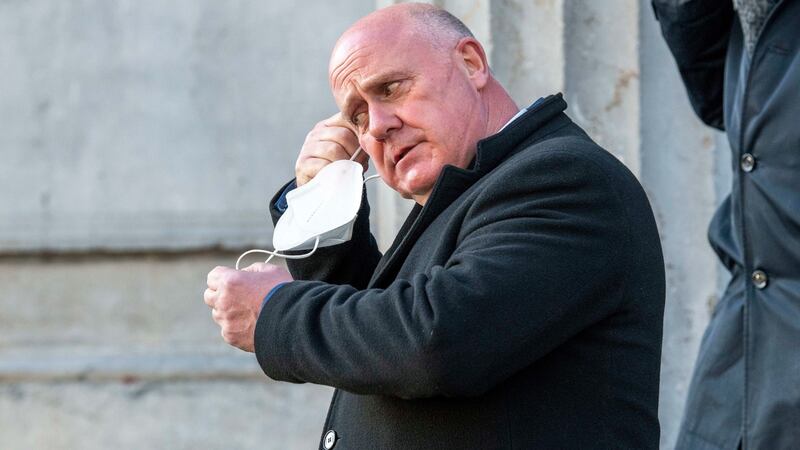 Galway East Independent TD Noel Grealish (55) leaves Galway District Court after attending a hearing where he is one of four people accused to have breached Covid restrictions by organising a golf society dinner. Photograph: Andrew Downes/PA Wire