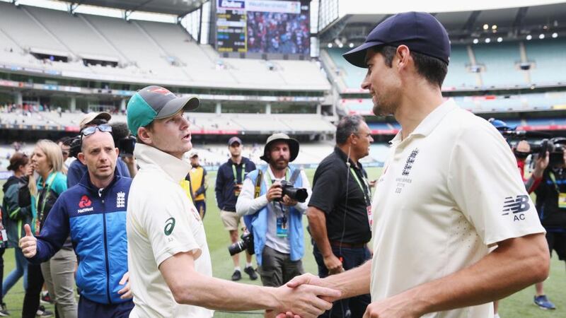 Steve Smith and Alastair Cook shake hands after the drawn third Test at the MCG. Photograph: Michael Dodge/Getty