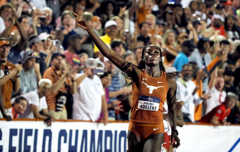 Rhasidat Adeleke of Texas celebrates after winning the 400m race at NCAA Track And Field Championships in Texas. Photograph: Brendan Maloney/Inpho