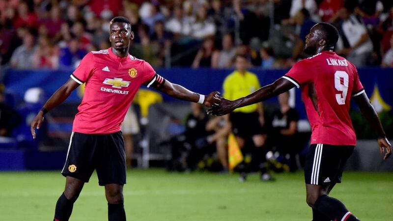 Paul Pogba and Romelu Lukaku during Manchester United’s pre-season win over LA Galaxy. Photograph: Harry How/Getty