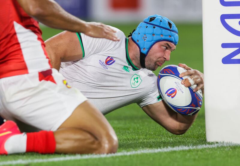 Tadhg Beirne stretches to score a try during Ireland's Rugby World Cup Pool B game against Tonga at the Stade de la Beaujoire in Nantes. Photograph: Laszlo Geczo/Inpho