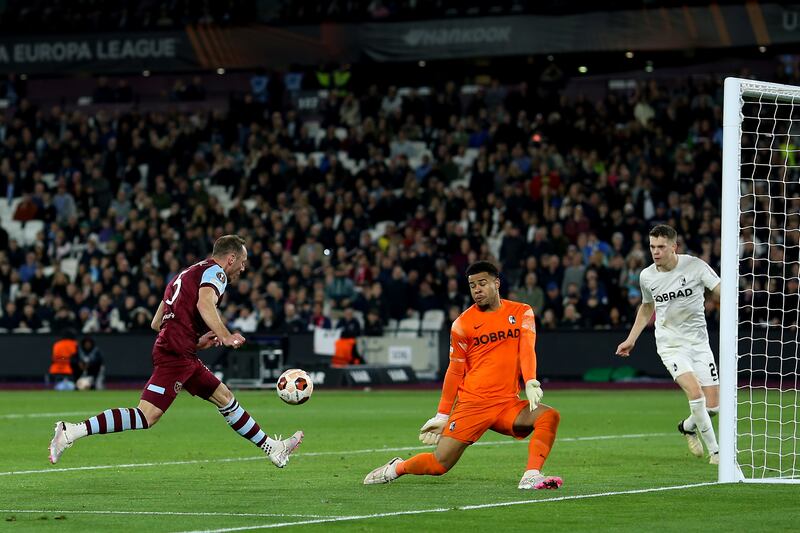 West Ham United's Vladimir Coufal (left) has a shot on goal vs Freiburg in the Europa League. Photograph: Nigel French/PA Wire