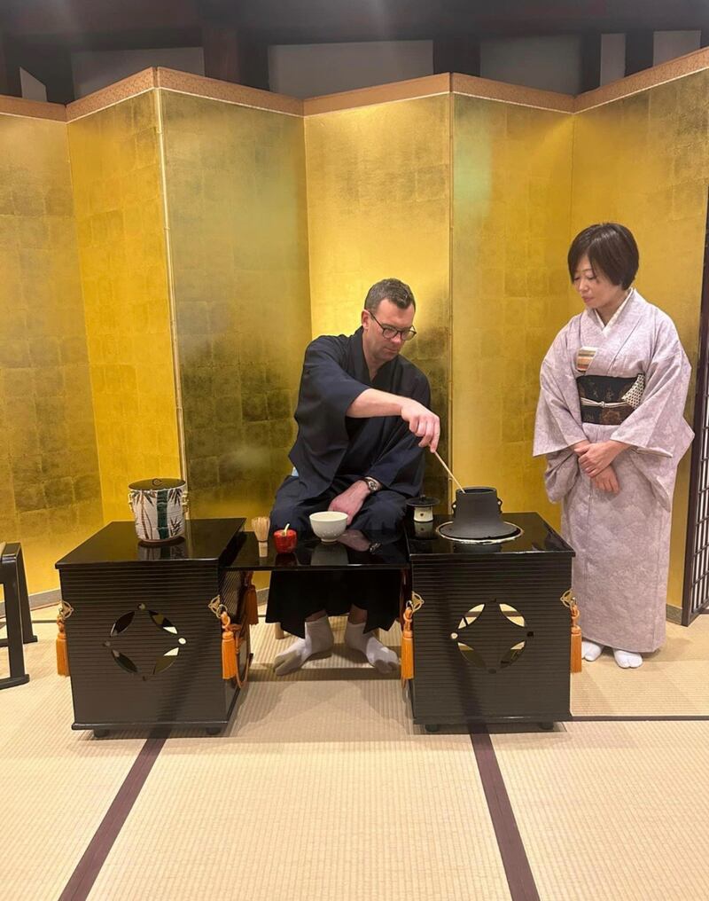 Noel Baker taking at a ceremonial tea ceremony in Kyoto