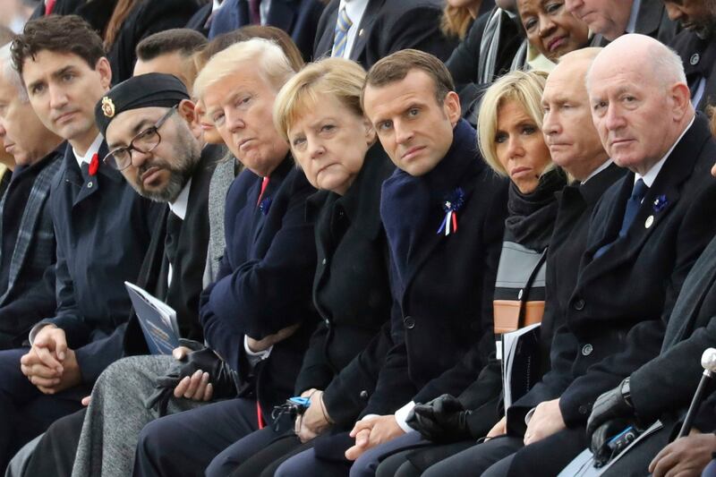 From left; Canadian Prime Minister Justin Trudeau, Morocco’s Prince Moulay Hassan, Moroccan King Mohammed VI, US First Lady Melania Trump, US President Donald Trump, German Chancellor Angela Merkel, French President Emmanuel Macron and his wife Brigitte Macron, Russian President Vladimir Putin and Australian Governor-General Peter Cosgrove attend a ceremony the Arc de Triomphe in Paris, France, as part of the commemorations marking the 100th anniversary of the 11 November 1918 armistice, ending the first World War on Sunday, November 11th  Photograph: Ludovic Marin/AP/Pool