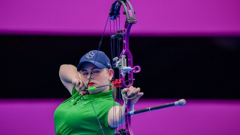 Kerrie Leonard competes against Jyoti Baliyan of India at the Yumenoshima Park Archery Field. Photograph: Sam Barnes/Sportsfile