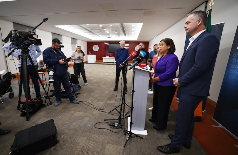 Mary Lou McDonald with colleagues Michelle O'Neill and Pearse Doherty as she announces that Sinn Féin will be supporting presidential candidate Catherine Connolly. Photograph: Bryan O’Brien