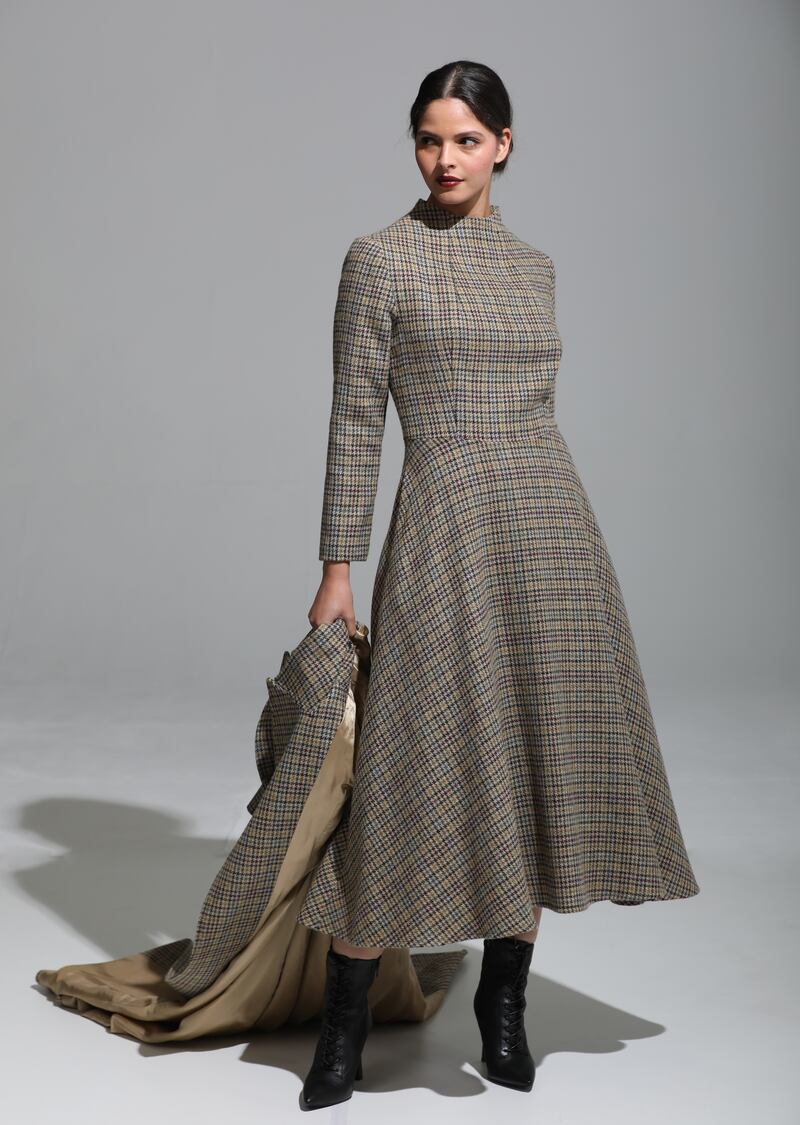 Noema: lightweight long dress in Magee tweed (€595), maxi matching coat (€695)