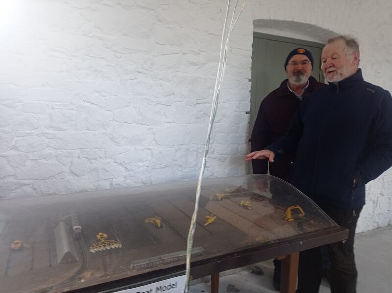 Sean Craven and Seamus Barron with a model of Boora bog built by John O'Brien. Photograph: Deirdre Falvey