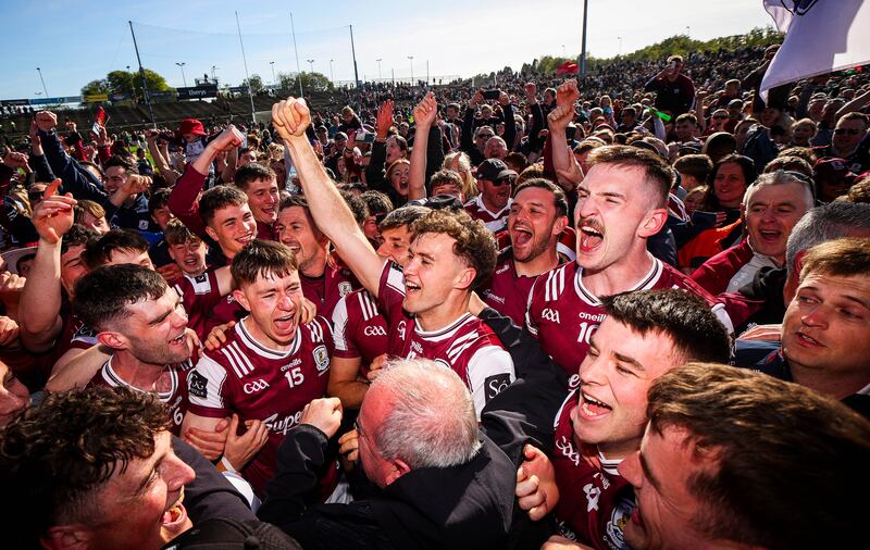 Galway celebrate after the Connacht final. Photograph: Ryan Byrne/Inpho