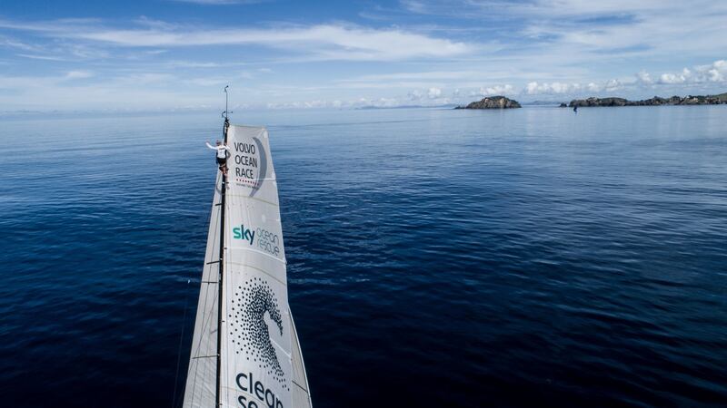 The tense, final day of leg six on  board Turn the Tide on Plastic, with AkzoNobel in the distance