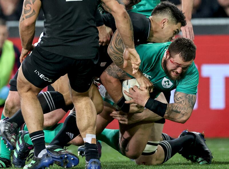 Ireland's Andrew Porter scores a try against New Zealand. Photograph: Billy Stickland/Inpho