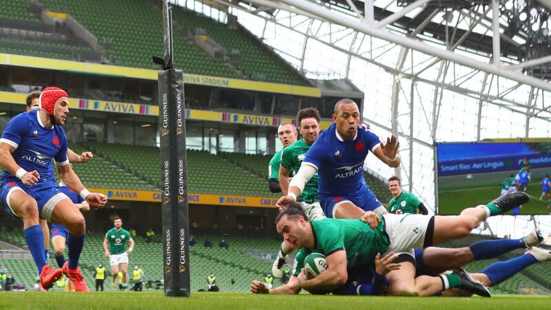 James Lowe dives over to score his disallowed try against France. Photograph: James Crombie/Inpho