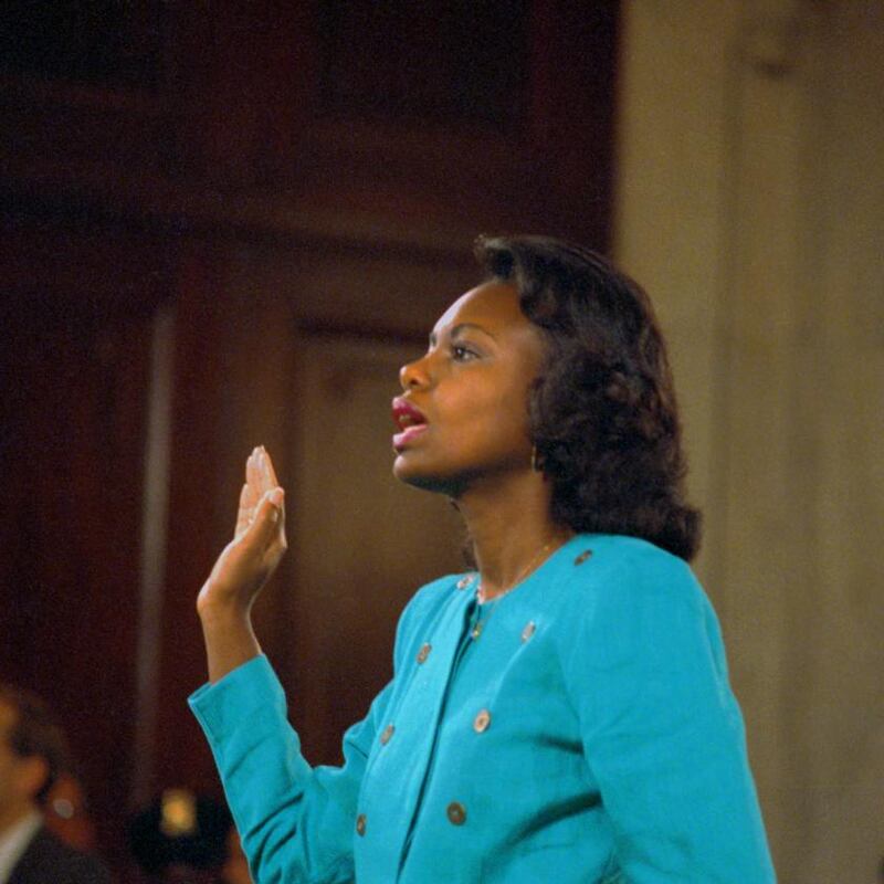 Hill being sworn in before testifying at the Senate judiciary hearing on the Clarence Thomas Supreme Court nomination. Photograph: Bettmann/Getty