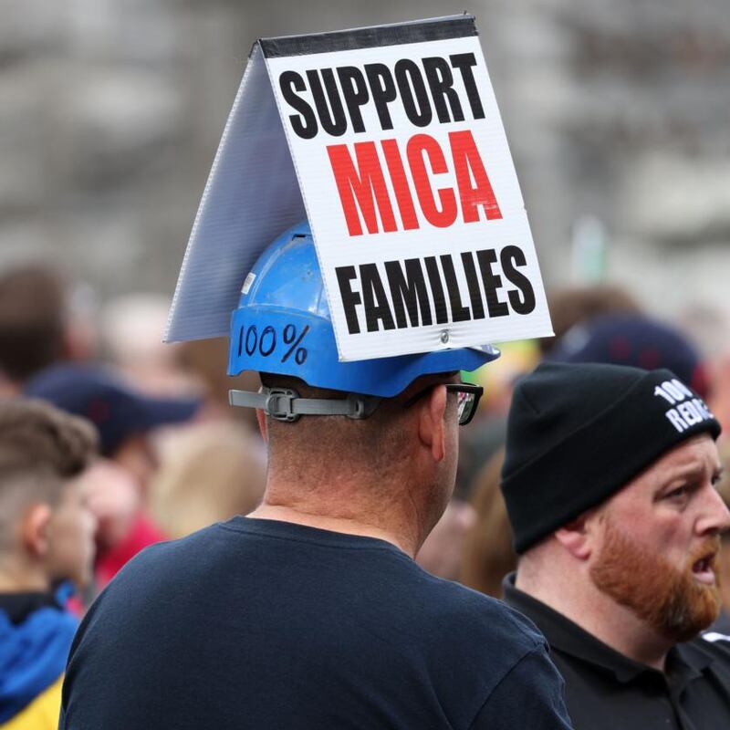 Thousands of mica-affected homeowners and their supporters protest in Dublin for a 100% redress scheme. Photograph: Laura Hutton