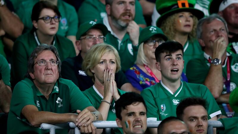 Irish fans react as they watch the Rugby World Cup  game  between Japan and Ireland in Ecopa Stadium in Shizuoka on Saturday. Photograph: Jae Hong/AP