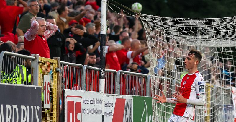 Mason Melia reacts to a missed chance for St Pat's. Photograph: Ryan Byrne/Inpho