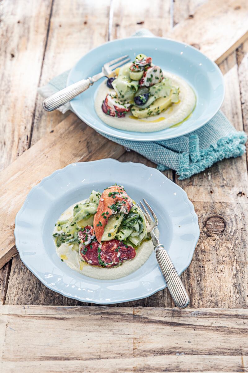 Lobster, cucumber and new potatoes. Photographs: Harry Weir