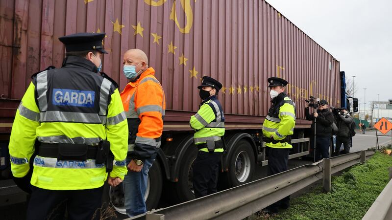 Members of the Irish Truckers and Haulage Association against Fuel Prices are parked on the road to Dublin Port and say that they will only allow emergency vehicles through. Photograph: Nick Bradshaw