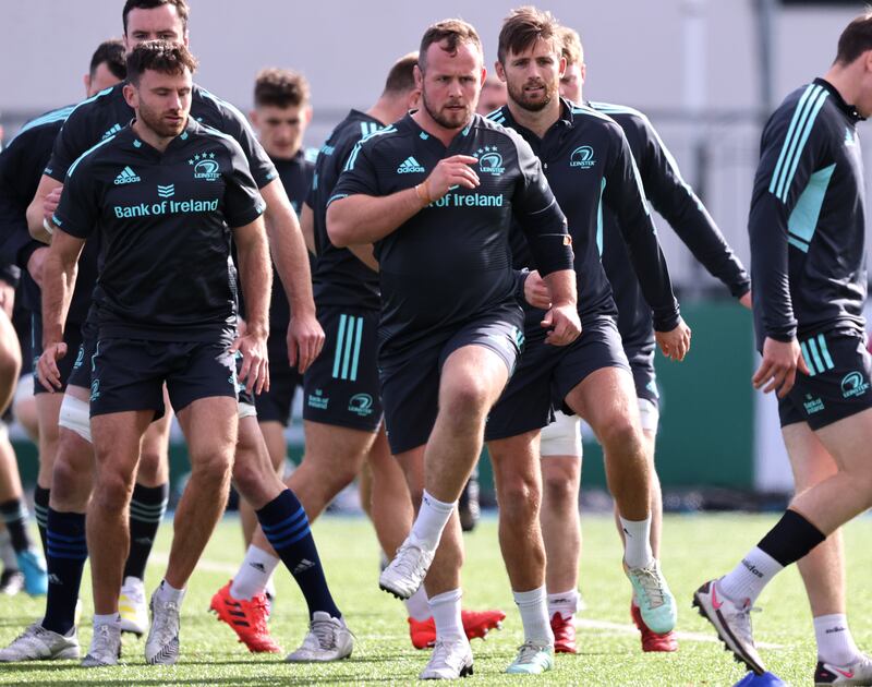 Hugo Keenan, Ed Byrne and Ross Byrne during training at Energia Park, Donnybrook, Dublin. Photograph: Tom Maher/Inpho