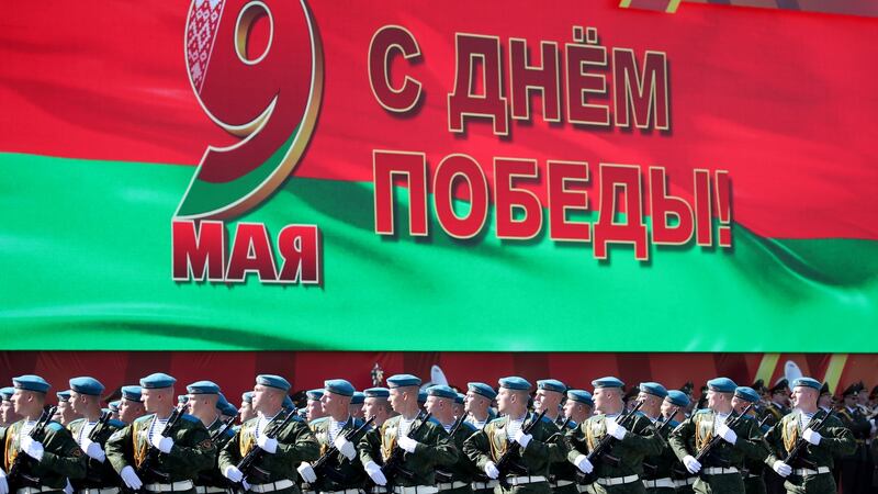 Belarusian troops march during a military parade  marking the 75th anniversary of the Soviet Union’s victory over Nazi Germany in the second World War, in Minsk.  Photograph: Tatyana Zenkovich/EPA