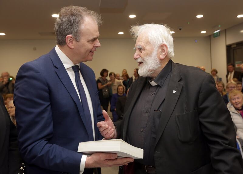 Joe McHugh pictured with his former lecturer Fr Micheál Mac Gréil at the opening of the new School of Education at Maynooth University in 2019. Photograph: Laura Hutton