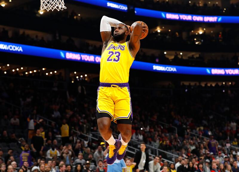 LeBron James of the Los Angeles Lakers dunks against the Atlanta Hawks at State Farm Arena, Atlanta, Georgia, on December 15th, 2019. Photograph: Kevin C Cox/Getty 