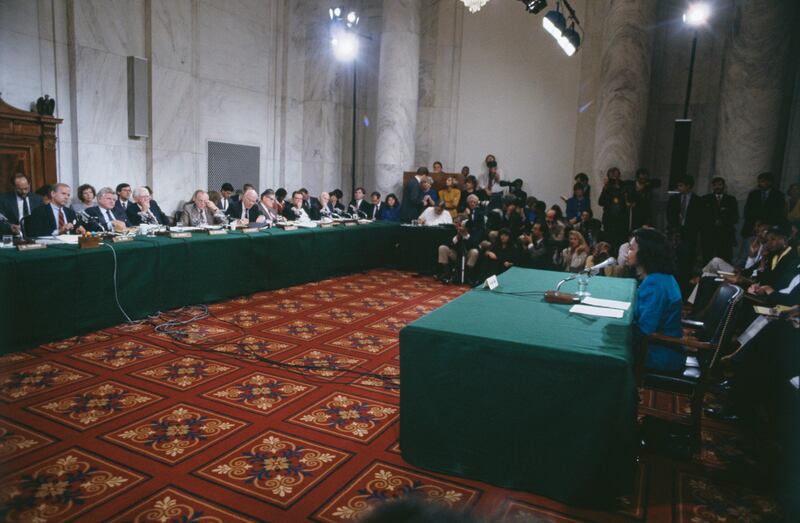 Hill speaking before the Senate in 1999. Photograph: Jeffrey Markowitz/Sygma/Getty