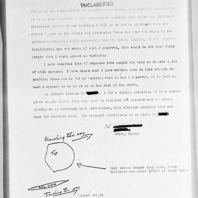 An undated photo provided by the US national archives shows unclassified documents from a report filed in 1947 by Kenneth Arnold, who reported seeing nine circular objects near Mount Rainier in 1947. Photograph: US National Archives via the New York Times