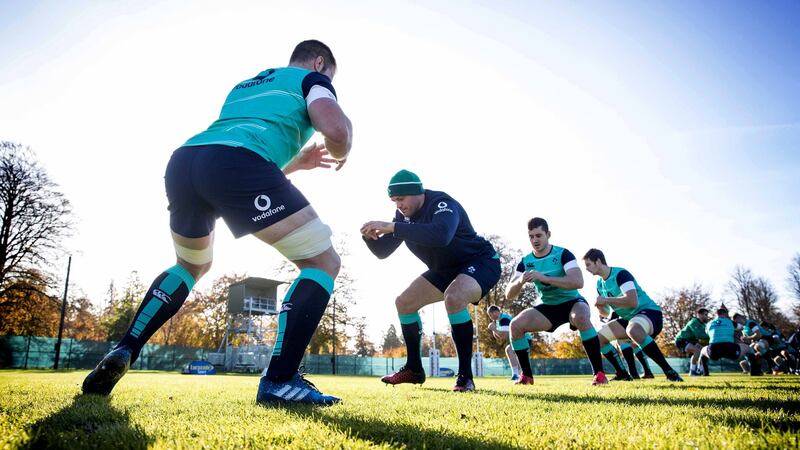 Seán O’Brien, Rory Best and Paddy Jackson training in Carton House. Photograph: Billy Stickland/Inpho