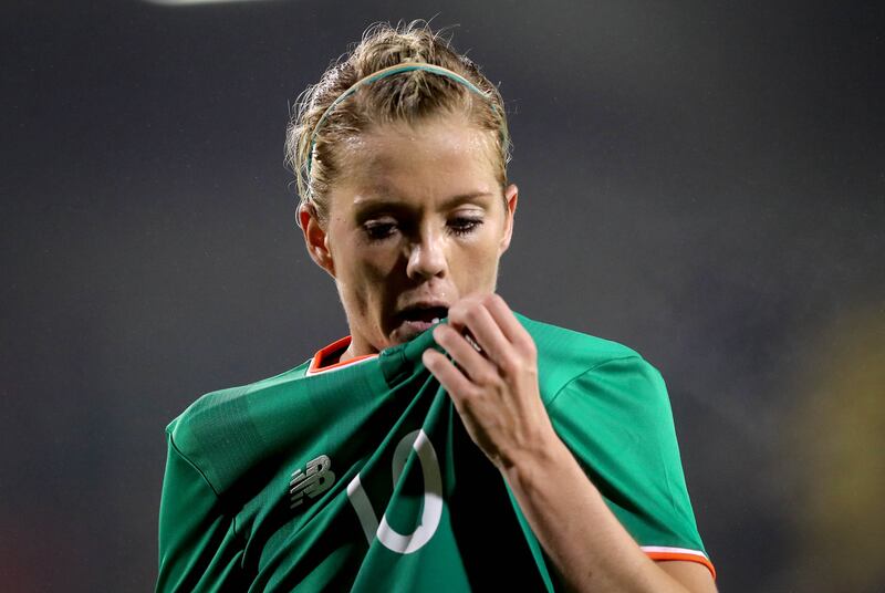 Ireland's Denise O'Sullivan dejected after World Cup defeat to the Netherlands at Tallaght Stadium in 2018. Photograph: Ryan Byrne/Inpho 