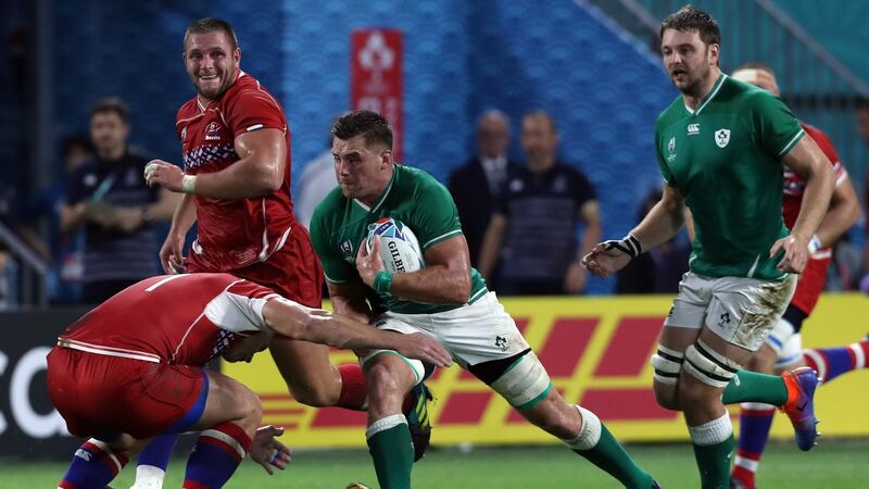CJ Stander carries during Ireland’s 35-0 win over Russia. Photograph:  Buddhika/Weerasinghe/EPA