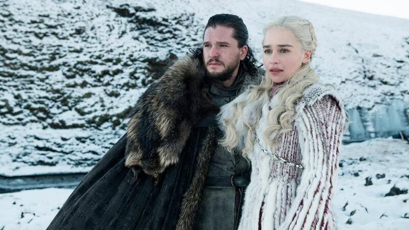 Kit Harington as Jon Snow, left, and Emilia Clarke as Daenerys Targaryen in Game of Thrones; both have received Emmy nominations. Photograph: HBO via AP