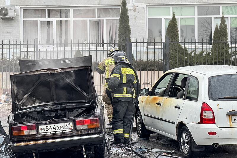 Fire crews douse cars damaged by drone strikes on Belgorod, Russia, on Saturday. Photograph: Vyacheslav Gladkov/AP