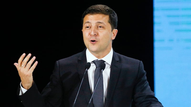 Ukrainian President Volodymyr Zelenskiy speaks during Ukraine Belarus forum in Zhytomyr, Ukraine, Friday, Oct. 4, 2019. Three House committees have released dozens of texts between U.S. diplomats in Ukraine discussing how to handle a response to President Donald TrumpÕs demands that the country launch an investigation into Joe BidenÕs family. (AP Photo/Efrem Lukatsky)