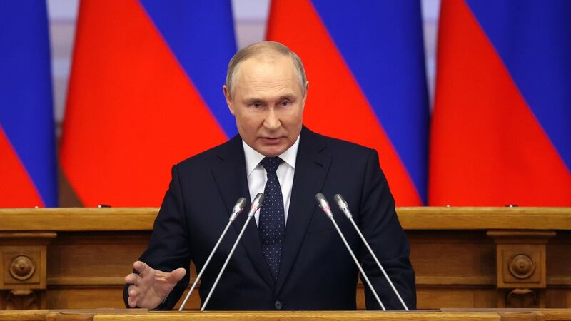 Russian president Vladimir Putin addresses a meeting of the Council of Legislators under the Russian Federal Assembly at the Tauride Palace in St Petersburg. Photograph: Alexandr Demyanchuk/Kremlin pool/Sputnik/EPA