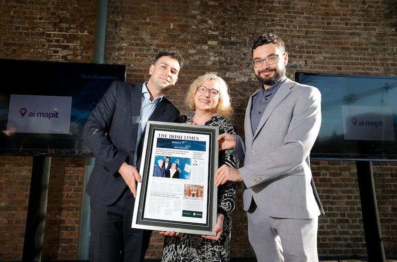 Luca Pistilli of UCD with Julie Connolly and Matej Ulicny of AI Mapit, winners of the New Frontiers category at The Irish Times Innovation Awards 2023. Photo: Conor McCabe
