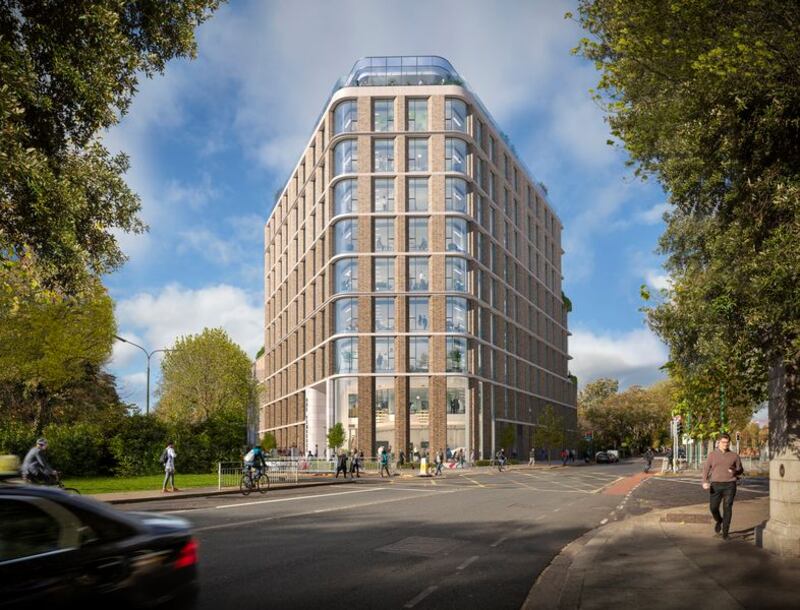 A computer-generated image of the One Pembroke office building as seen looking north towards the junction of Pembroke Road and Northumberland Road in Ballsbridge, Dublin 4