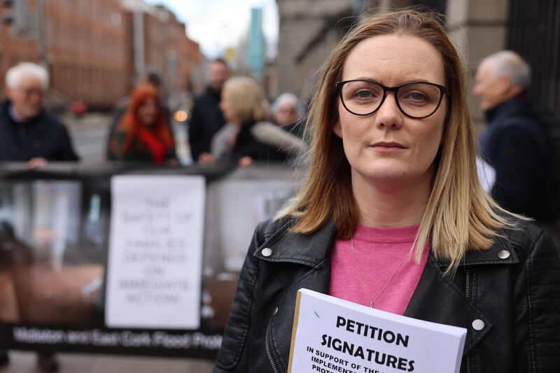 Caroline Leahy with fellow members of the Midleton and East Cork Flood Protection Group at Leinster House last year when they presented a petition expressing concern about lack of urgency around flood-protection measures. Photograph: Dara Mac Dónaill